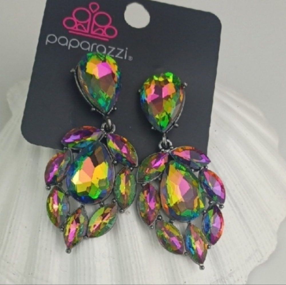 Gorgeous Iridescent Teardrop Oil Spill Dramatic Chandelier Earrings